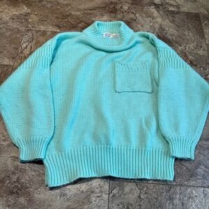 Vtg‎ Retro Just Maggie Aqua Blue Mock Neck Pocket Sweater Size L 100% Acrylic